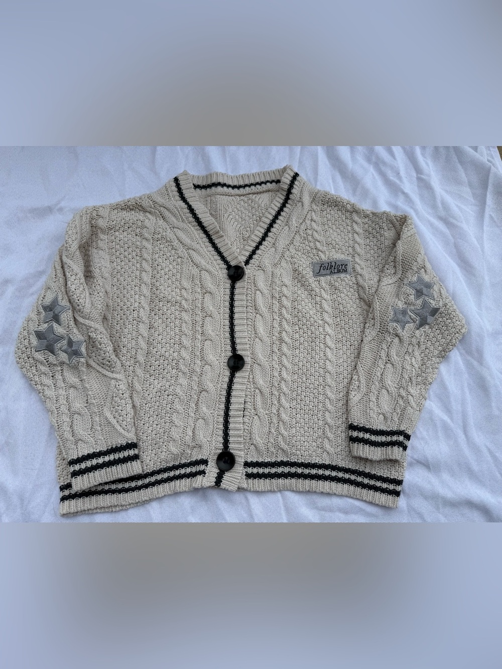 Folklore Album Cream Cable Knit Cardigan with Black Trim